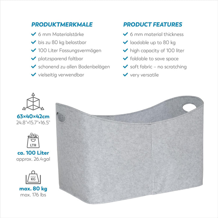 Rubberneck Kaminholztasche Gross 3XL - Filz Aufbewahrungtasche für Kaminholz, Zeitungen - Masse 63 x