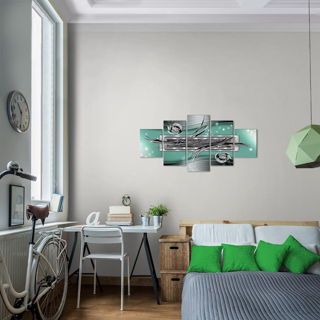 Runa Art Wandbilder Abstrakt 5 Teilig Bild auf Vlies Leinwand Deko Wohnzimmer Schlafzimmer Grau Silb