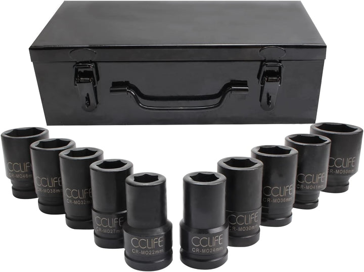 CCLIFE 10tlg 1 zoll Kraft Schlagschrauber Nüsse Sechskant Nuss Schlagnuss Steckschlüssel 22-50MM, 1