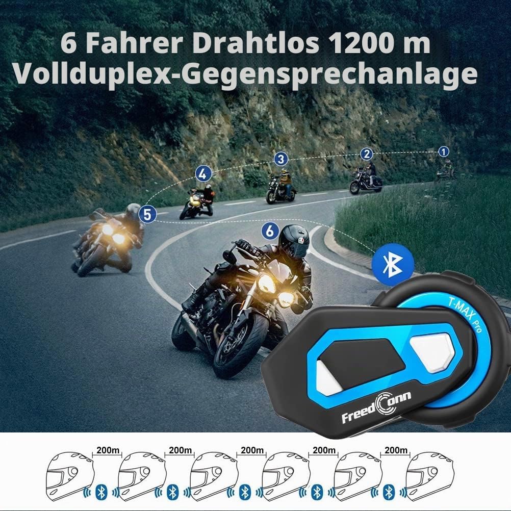 FreedConn T-Max Pro Motorrad Bluetooth Headset, Helm Intercom, Kommunikationssystem für bis zu 6 Mot