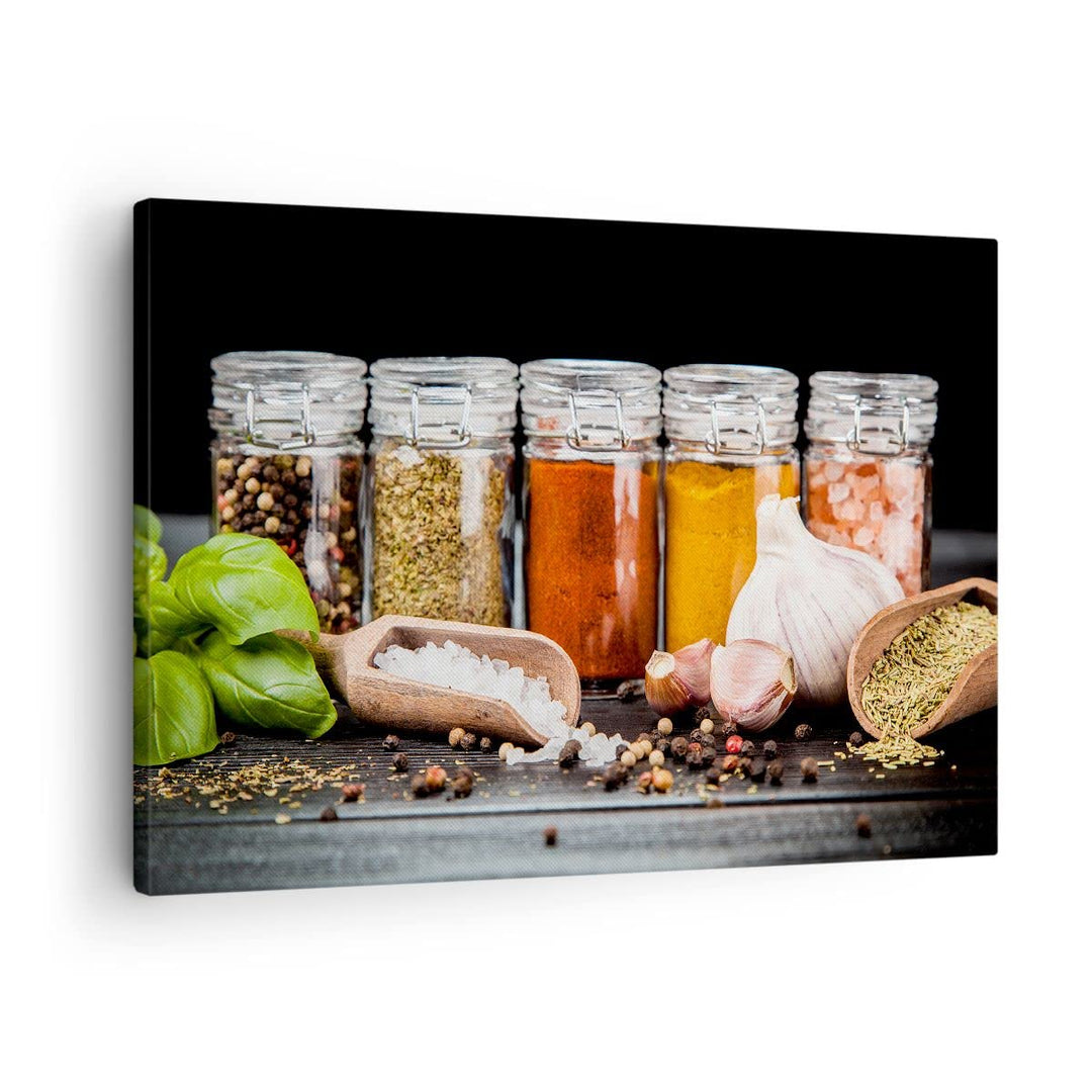 Bilder auf Leinwand Gewürze Knoblauch Holz Salz Leinwandbild 70x50cm Wandbilder Dekoration Wohnzimme