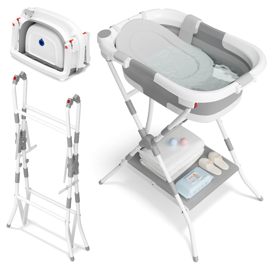 2-in-1 Baby Badewanne mit Gestell, Faltbare Badewanne Baby mit Badestütznetz, Geeignet für Neugebore