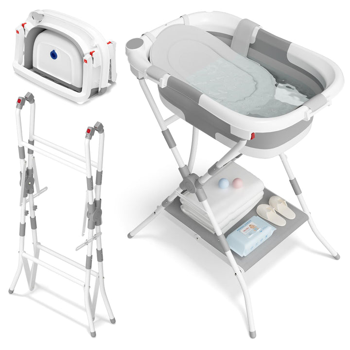 2-in-1 Baby Badewanne mit Gestell, Faltbare Badewanne Baby mit Badestütznetz, Geeignet für Neugebore