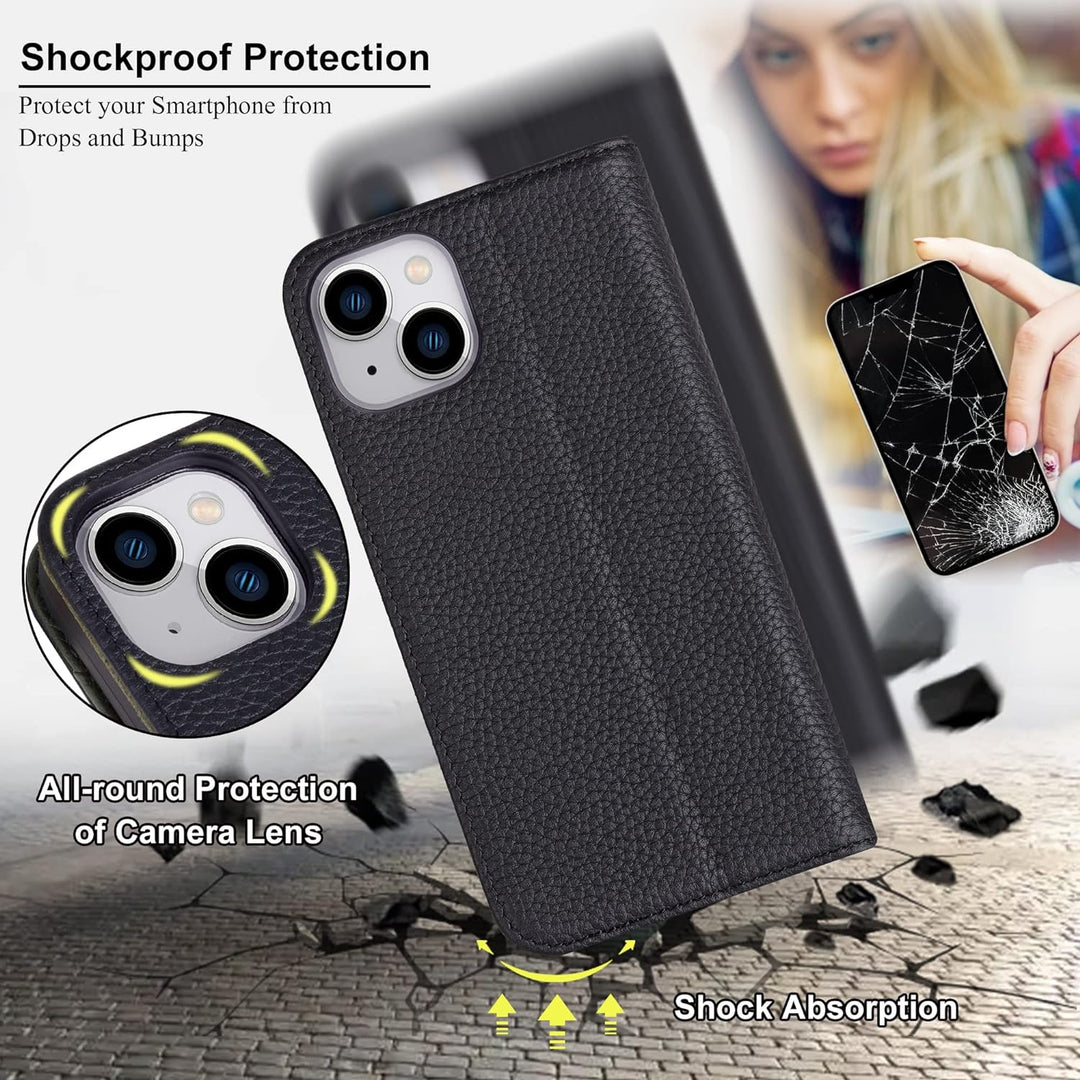 VISOUL iPhone 14 Hülle, Handyhülle iPhone 14[100% Echtleder] [3 Kartenfächer] [Verdichtes TPU] [Magn