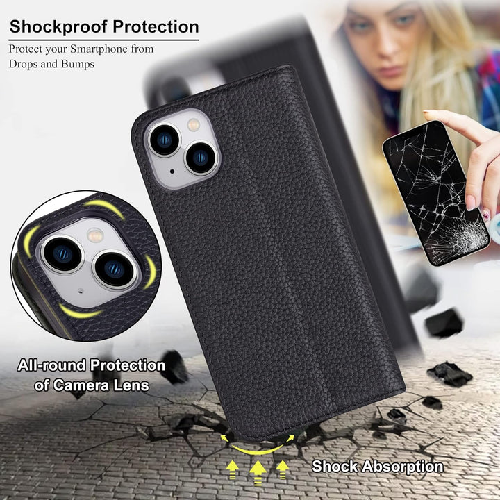 VISOUL iPhone 14 Hülle, Handyhülle iPhone 14[100% Echtleder] [3 Kartenfächer] [Verdichtes TPU] [Magn