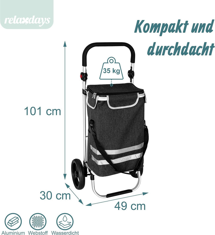 Relaxdays Einkaufstrolley, 2 grosse Räder, Kühlfach, abnehmbare Tasche, 45 l, bis 35 kg, Einkaufswag