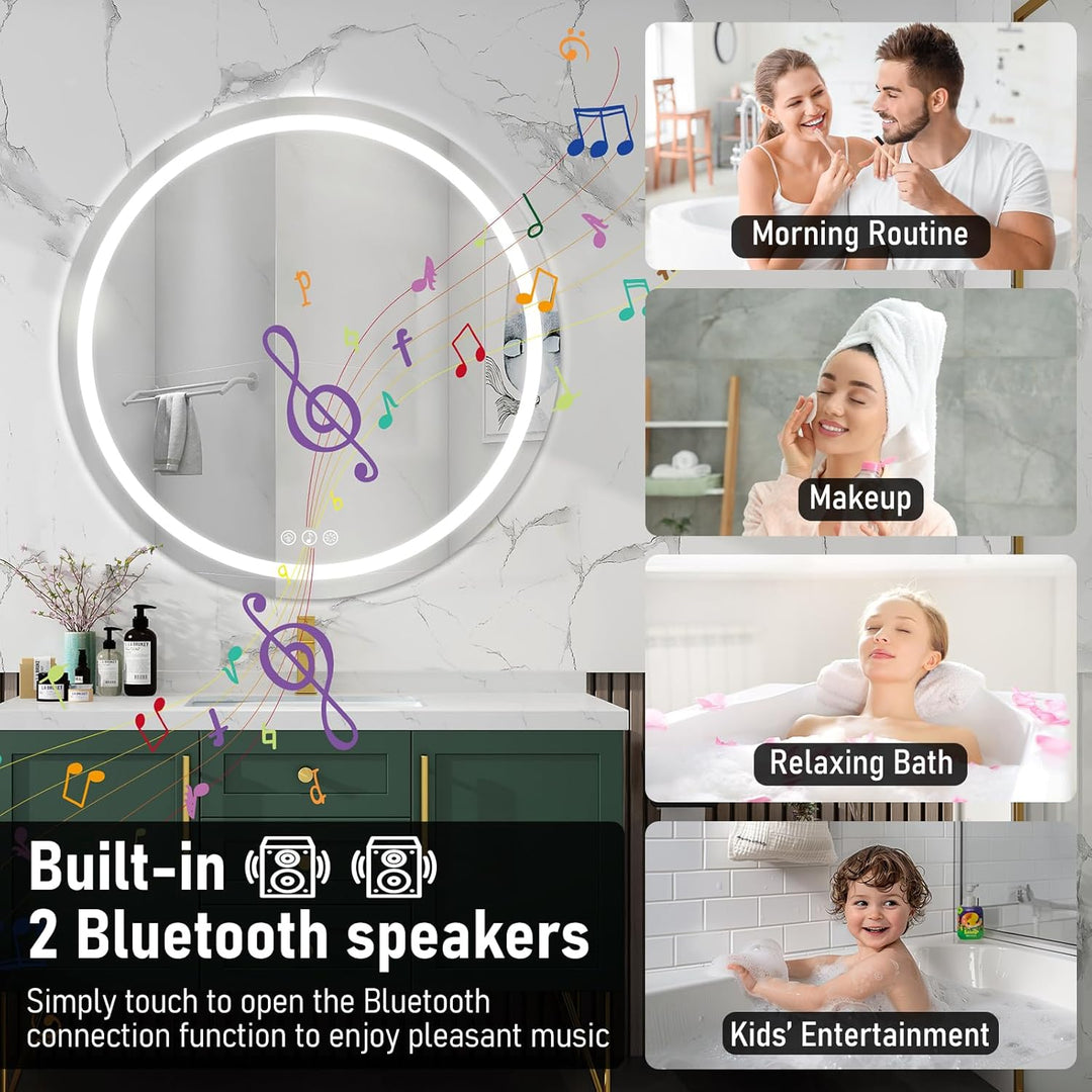 Bluetooth Badezimmerspiegel mit Beleuchtung, 80cm Runder Spiegel mit Beleuchtung, Wandspiegel mit Fr