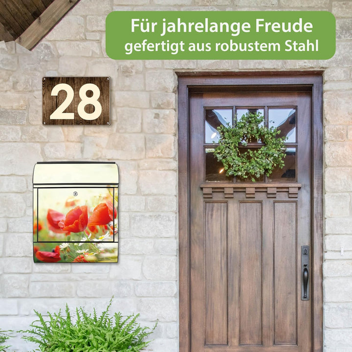 banjado® Design Briefkasten mit Motiv Kamille Und Mohn 39x47x14cm &amp; 2 Schlüssel - Briefkasten Stahl
