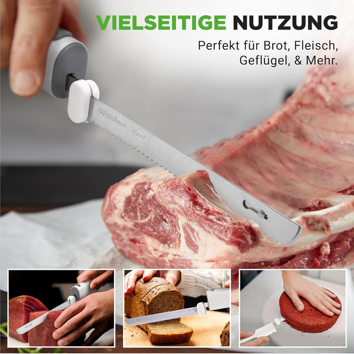Nutrichef Elektrisches Küchenmesser – Akku-Messer mit Edelstahlklingen, USB-C, Weiss Für Truthahn, F