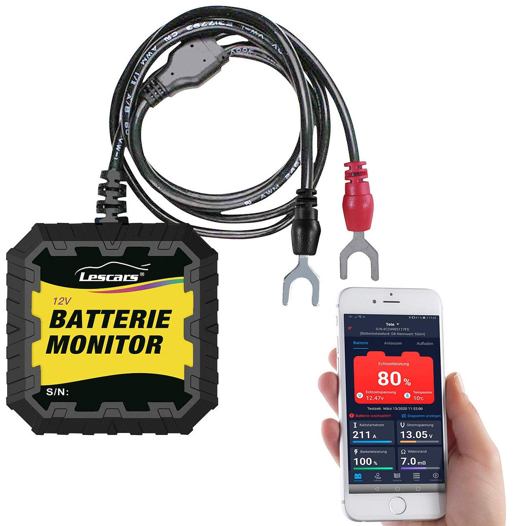 Lescars Batteriewächter 12V: Kfz-Batterietester und -Wächter für 12 Volt, mit Bluetooth & App, IP65