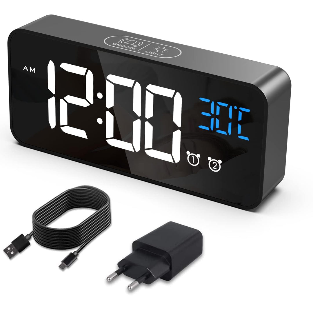 Wecker Digital, LED Digitaluhr mit Temperaturanzeige Tragbarer Spiegelalarm Tischuhr mit 2 Alarmen 1