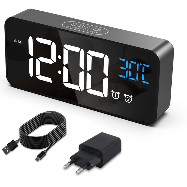 Wecker Digital, LED Digitaluhr mit Temperaturanzeige Tragbarer Spiegelalarm Tischuhr mit 2 Alarmen 1