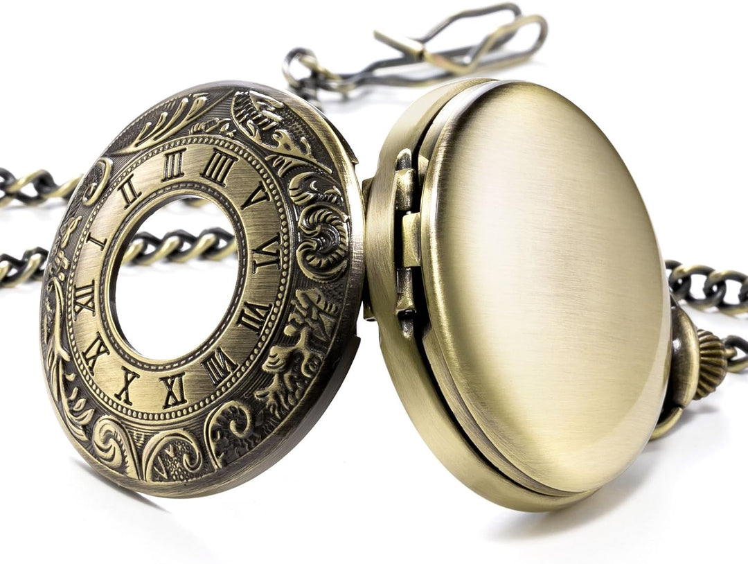 TREEWETO Unisex Taschenuhr mit Kette Analog Handaufzug Doppelscharnier Römische Ziffern Gold/Silber