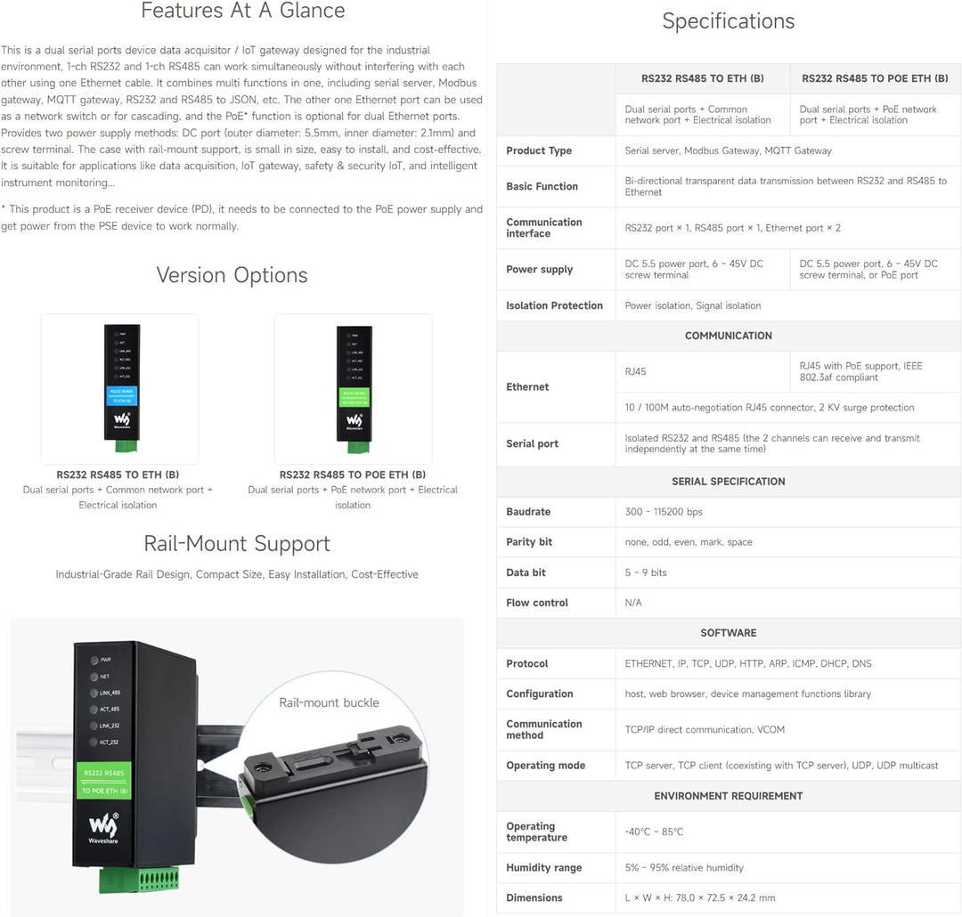 Waveshare RS232 RS485 to RJ45 Ethernet Serial Server Dual Channels Independent Operation Dual Ethern
