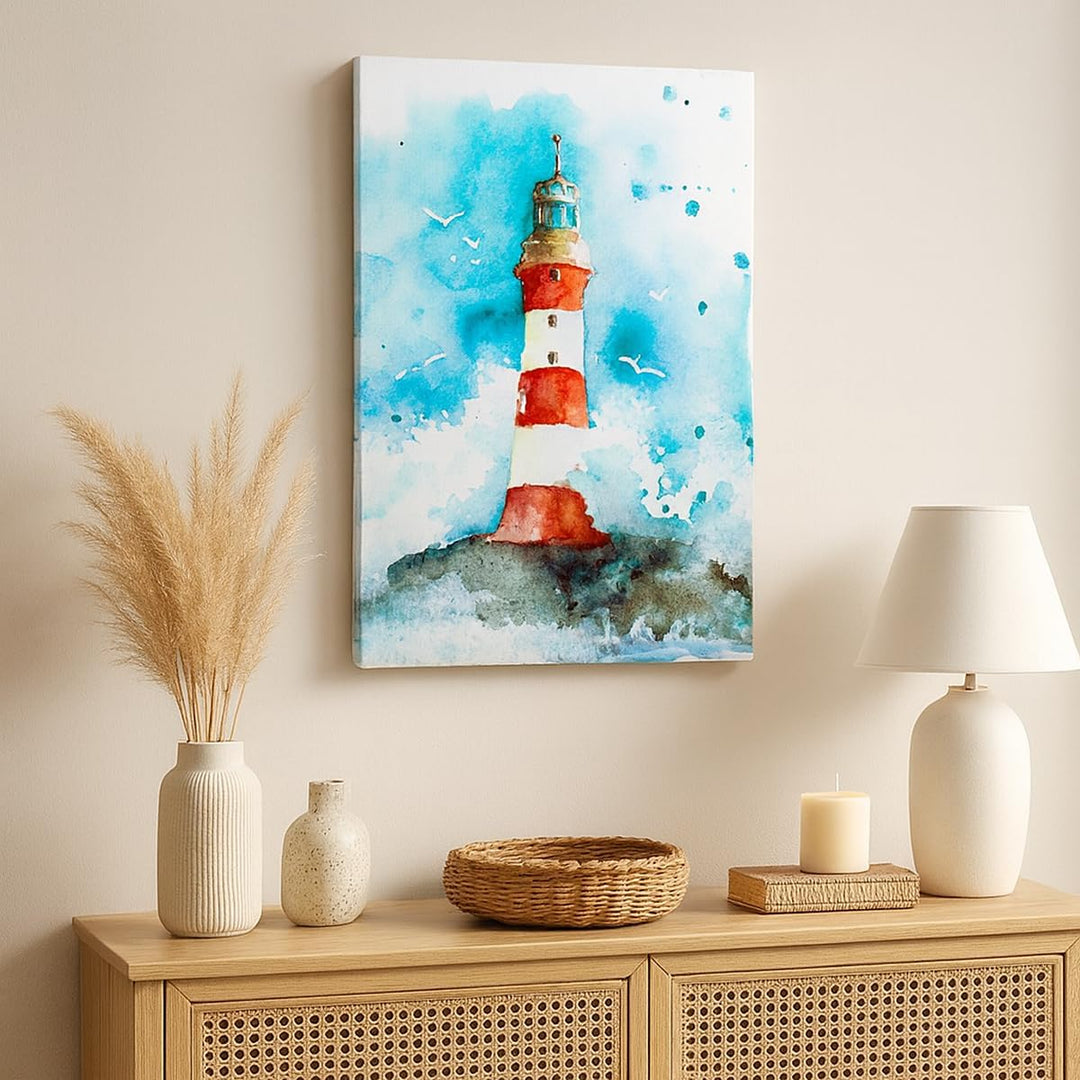 Bilder auf Leinwand Leuchtturm Wasser Illustration Welle Leinwandbild mit Rahmen 45x80cm Wandbilder
