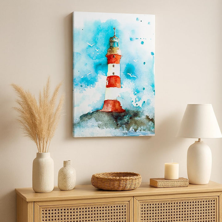 Bilder auf Leinwand Leuchtturm Wasser Illustration Welle Leinwandbild mit Rahmen 45x80cm Wandbilder