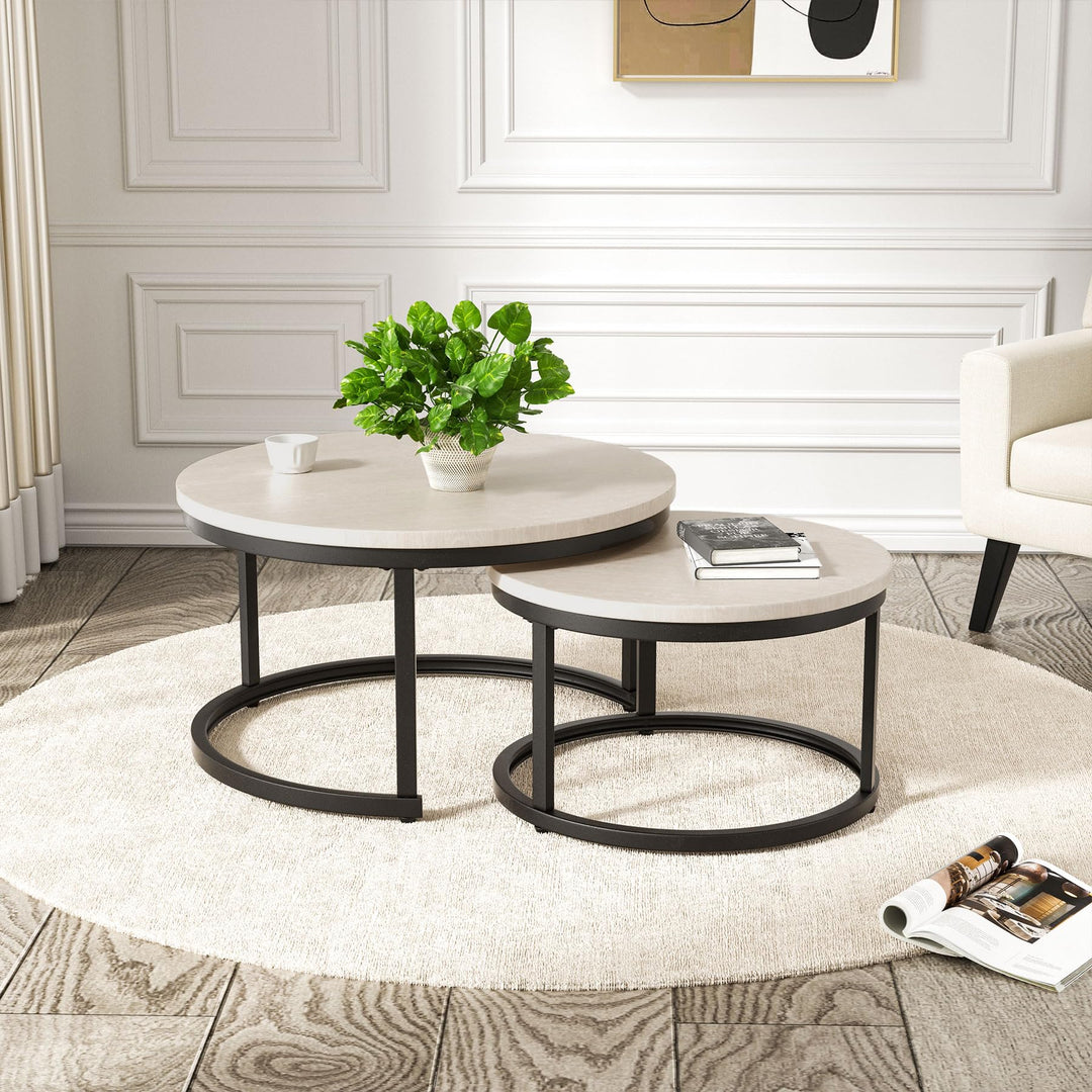 Hawthyhome 2 Stücke Beistelltisch Set rund, Couchtisch aus Holz mit Metallrahmen,Moderne Kaffeetisch