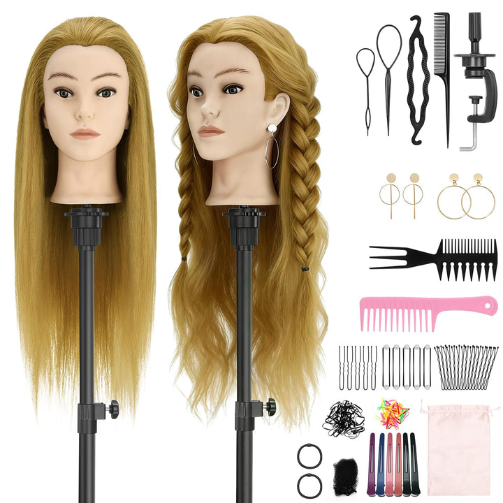 TwoWin Friseurkopf Echthaar mit Ohrlöchern, 60 cm (24 Zoll) 80% Haaren Mannequin Frisierkopf, Traini