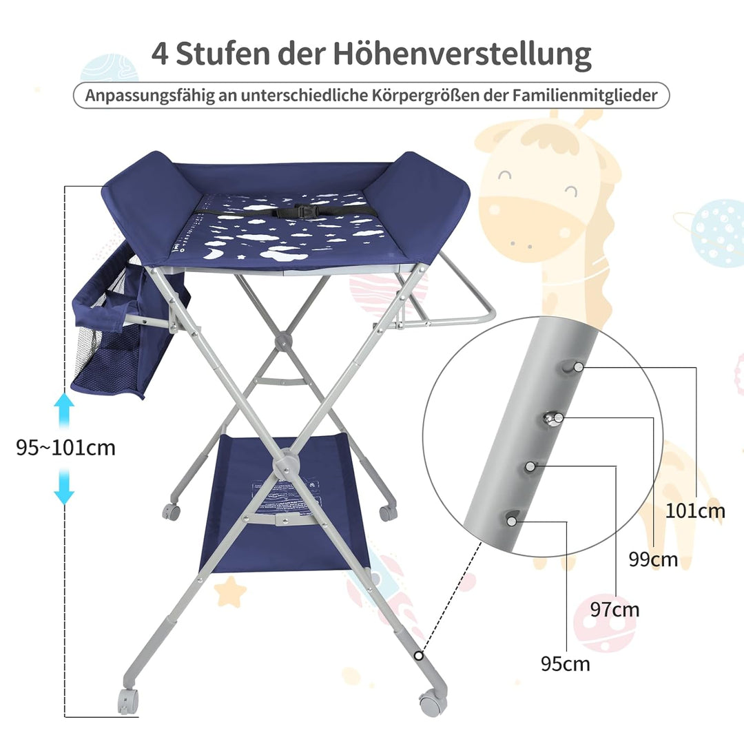 OHMG Baby Wickelkombi Klappbare Wickelkommode,Wickeltisch mit Rollen,Mobiler Wickeltisch mit Wickela