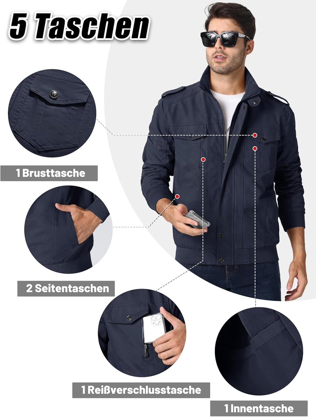 MAGCOMSEN Herren Übergangsjacke Winddichte Cargo Outdoorjacke Frühling Blouson Jacke Militär Armee F