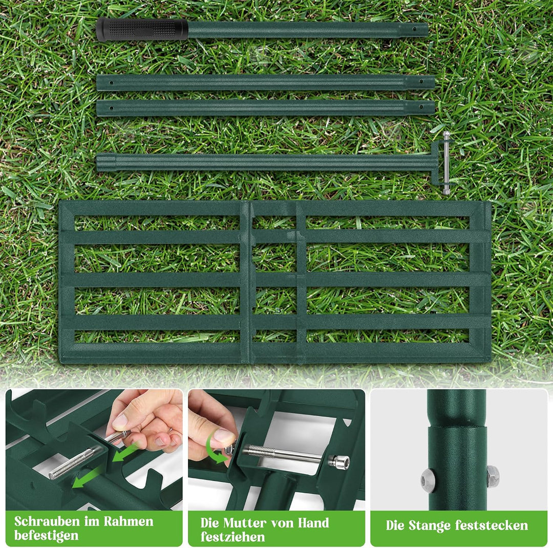 Lawn Leveling Rake Rakel 75x25 cm Grün, Verstellbarer Nivellierrechen 95,5–185 cm mit Edelstahl-Grif
