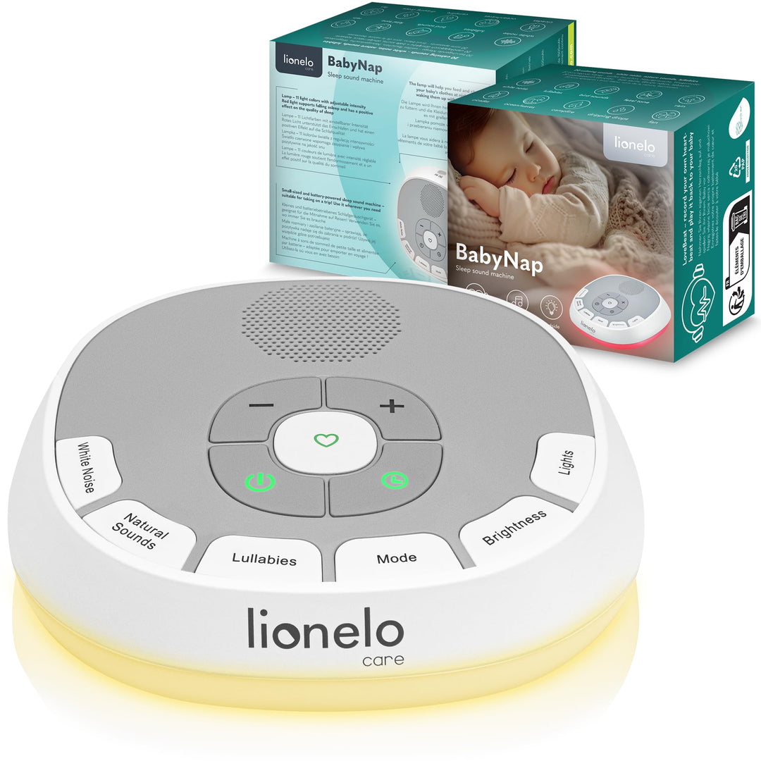 LIONELO BabyNap Tragbare Baby-Einschlafhilfe 2-in-1 Nachtlicht mit 11 Lichtfarben, 20 Töne, Schlafli