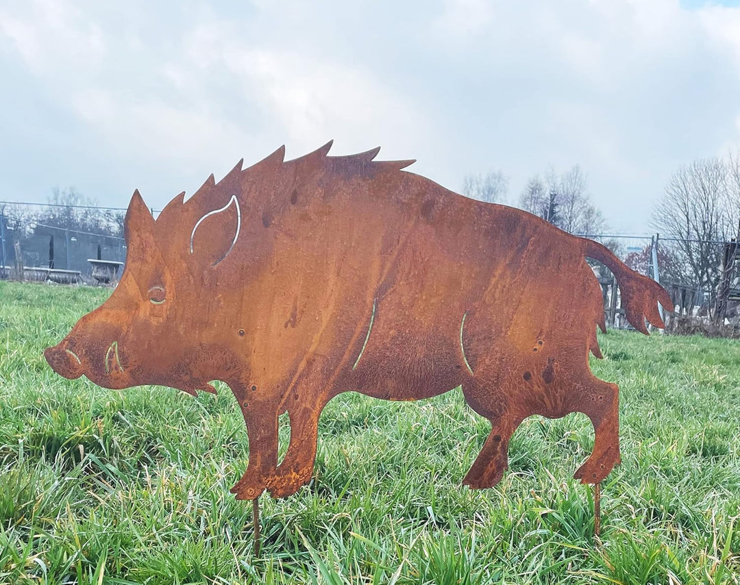 STEINFIGURENWELT GIEBEN Wildschwein stehend 90x50cm zum Stecken Gartenstecker Edelrost Gartendeko We