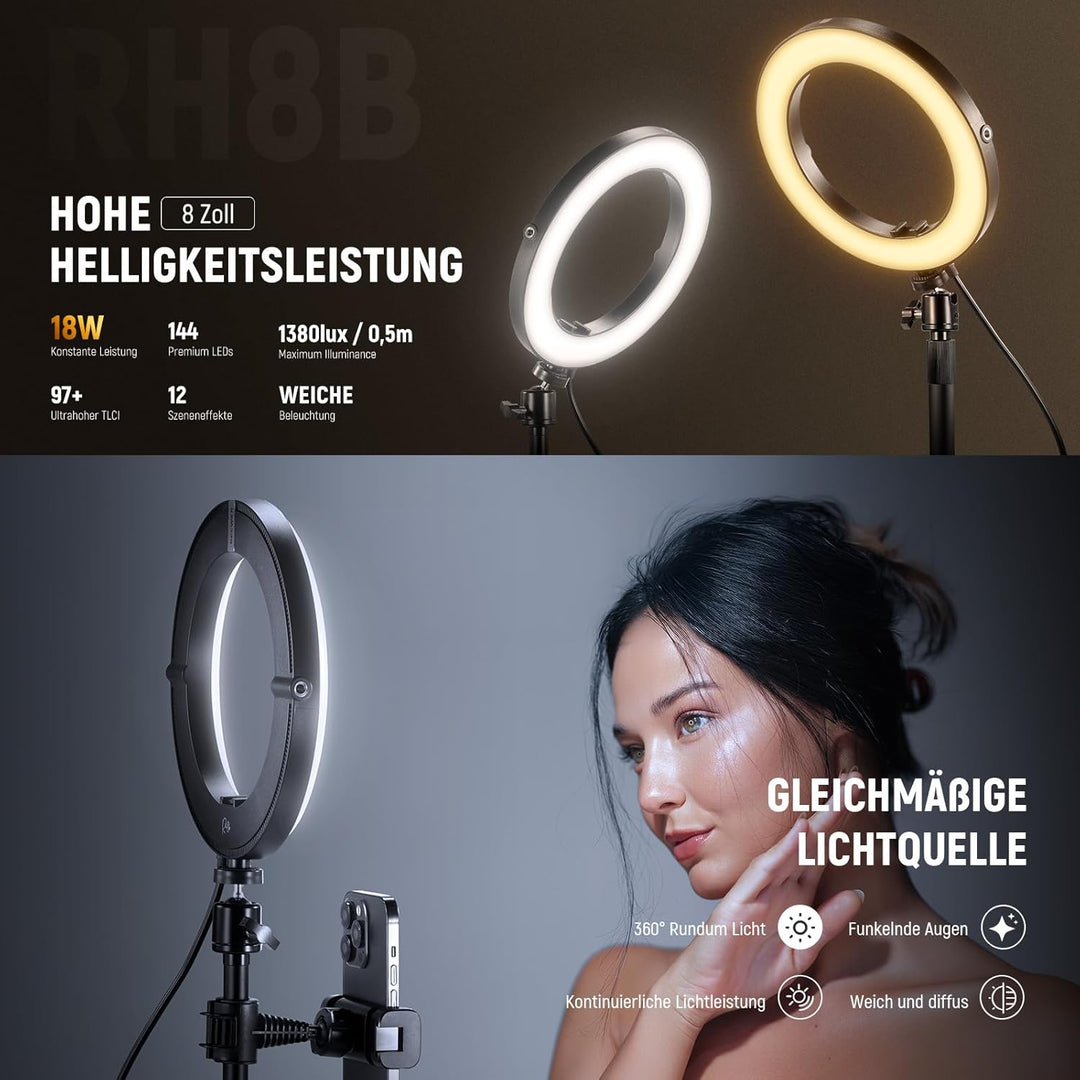 NEEWER 8" Tisch Ringlicht 18W Stark Leistung mit Ständer & Handyhalter, Circle Selfie Ring Licht kom