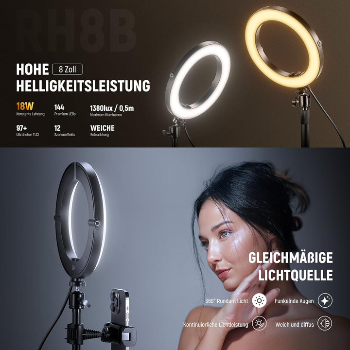 NEEWER 8" Tisch Ringlicht 18W Stark Leistung mit Ständer & Handyhalter, Circle Selfie Ring Licht kom