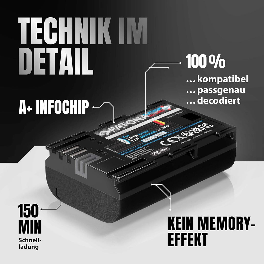 PATONA Platinum USB-C Akku LP-E6 Kompatibel mit Canon EOS R 7D 6D 5D Mark II III 80D