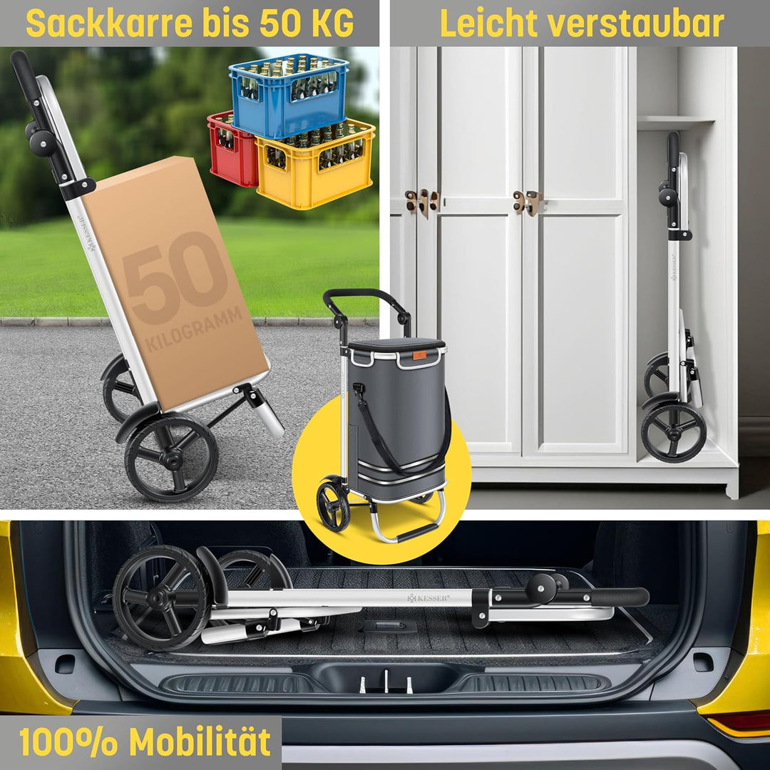 KESSER® Einkaufstrolley klappbar mit 56L Kapazität und belastbar bis 50kg | 3in1 Trolley Sackkarre &amp;