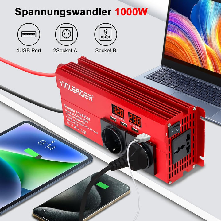 Spannungswandler 12V 230V 1000W/2000W Wechselrichter mit 2 Steckdose und 4 USB LED Spannungsanzeige