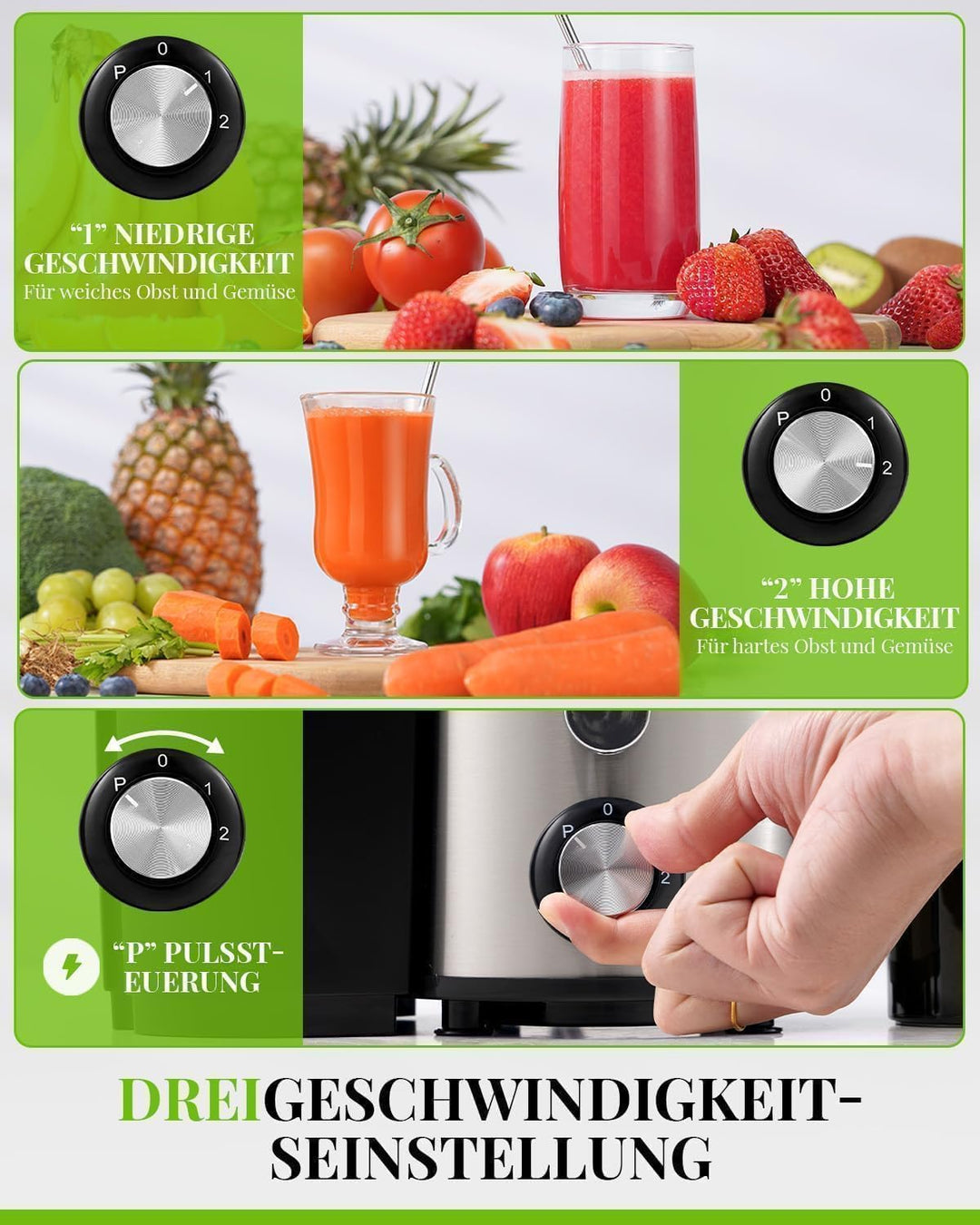 GDOR 800W Entsafter Juicer Machine aus Edelstahl 76mm Grossem Mund Entsafter Gemüse und Obst 3 Gesch