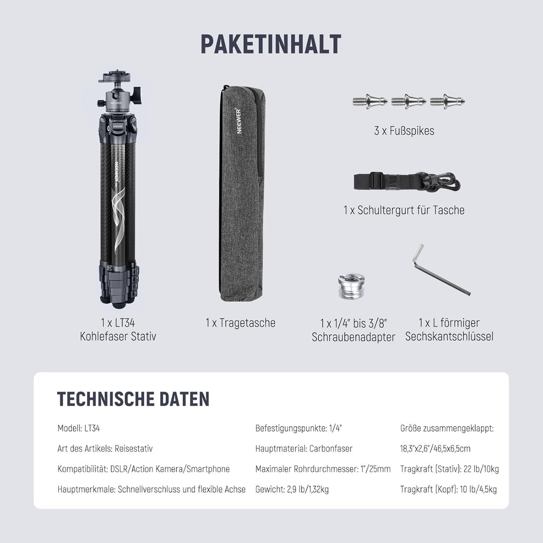NEEWER LITETRIP 62" Kamera Reisestativ, tragbarer Ständer aus Carbonfaser mit abnehmbarem ±15° Nivel