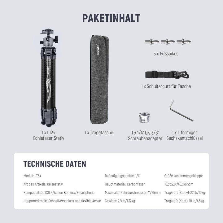 NEEWER LITETRIP 62" Kamera Reisestativ, tragbarer Ständer aus Carbonfaser mit abnehmbarem ±15° Nivel
