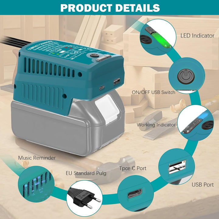 Musik ladegerät für Makita 18V BL1830 BL1850 BL1860 Batterie, mit USB und Typ-C-Ausgang, 110V 3A Sch
