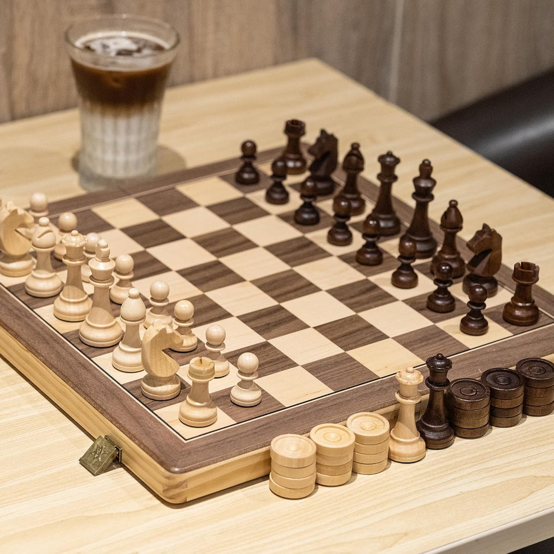 A&A 15 inch Wooden Folding Chess & Checkers Set w/ 3 inch King Height Staunton Chess Pieces / 2 Extr