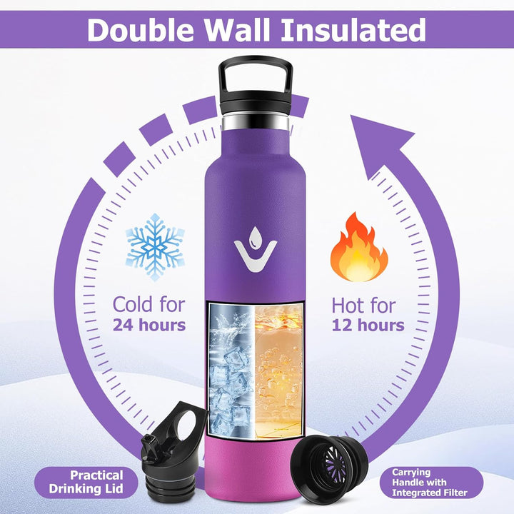 Thermosflasche 1L, Edelstahl Trinkflasche mit Strohhalm, Einhandöffnung, Vakuum Thermosflasche, Kohl