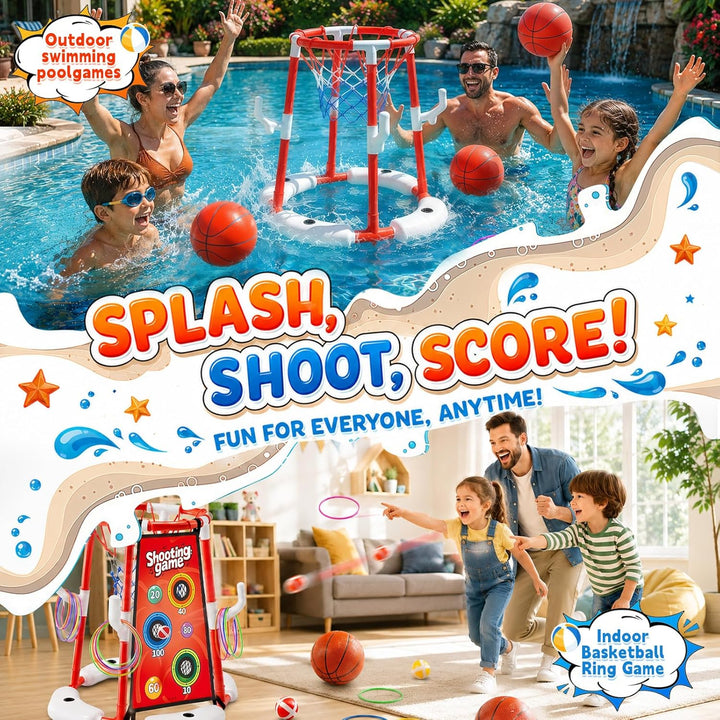 3-In-1 Pool Basketballkorb Outdoor, Schwimmender Basketballkorb, Pool Spielzeug Mit 4 Basketbälle,12