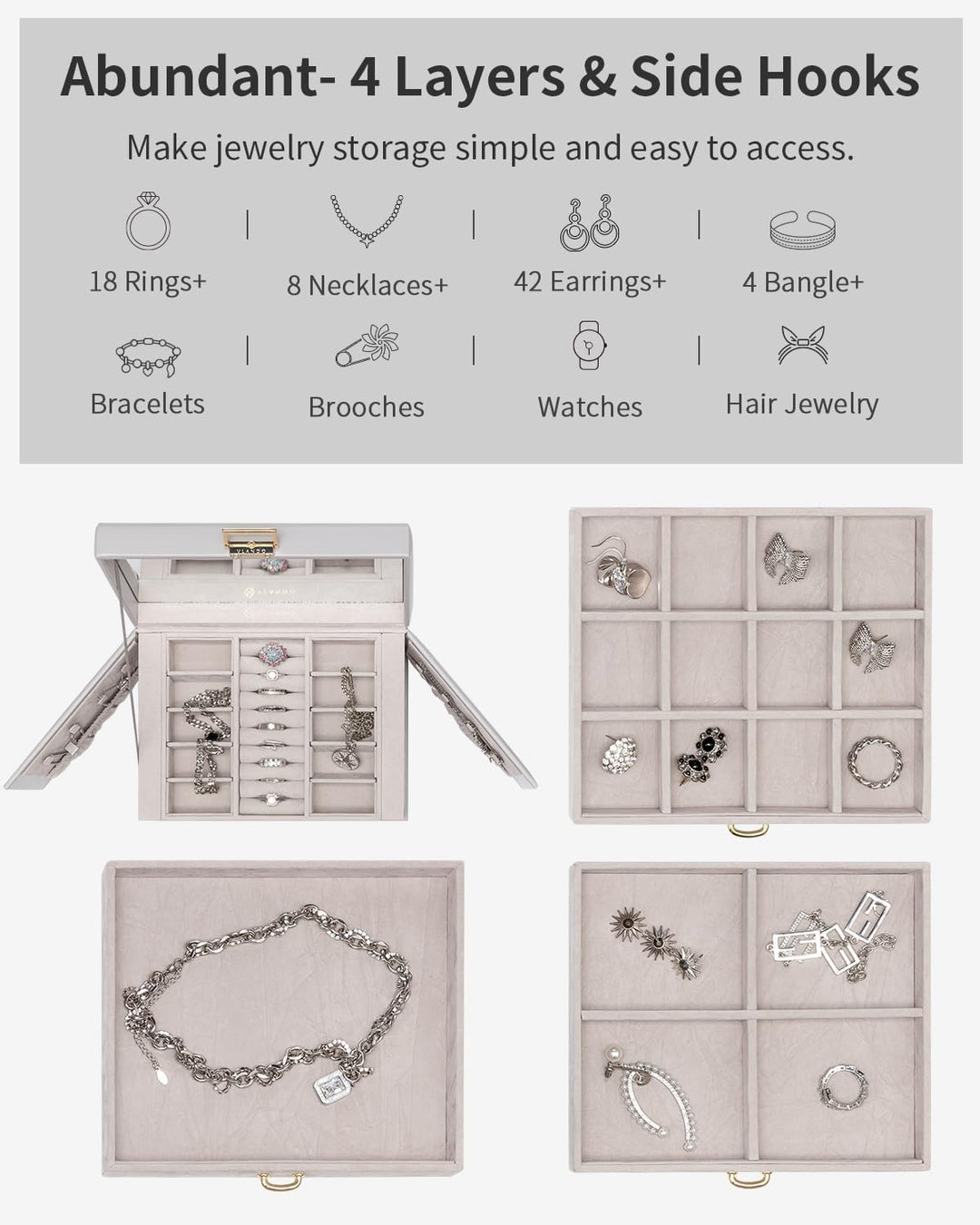 Vlando Schmuckkasten Jewelry Box mit 4 Ebenen, Schmuckschatulle Gross PU Leder, Schmuckkästchen mit