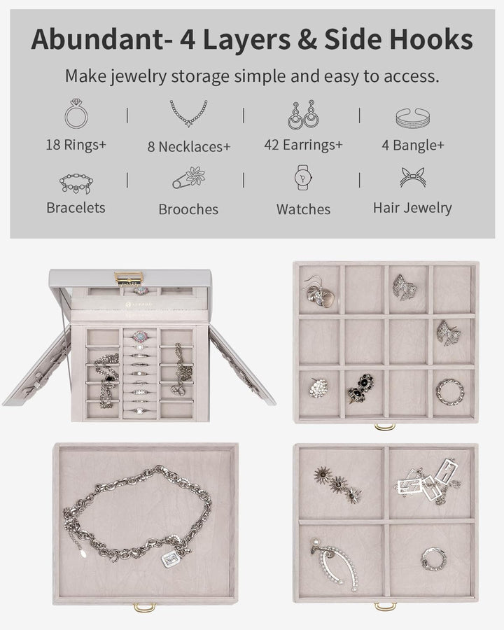 Vlando Schmuckkasten Jewelry Box mit 4 Ebenen, Schmuckschatulle Gross PU Leder, Schmuckkästchen mit