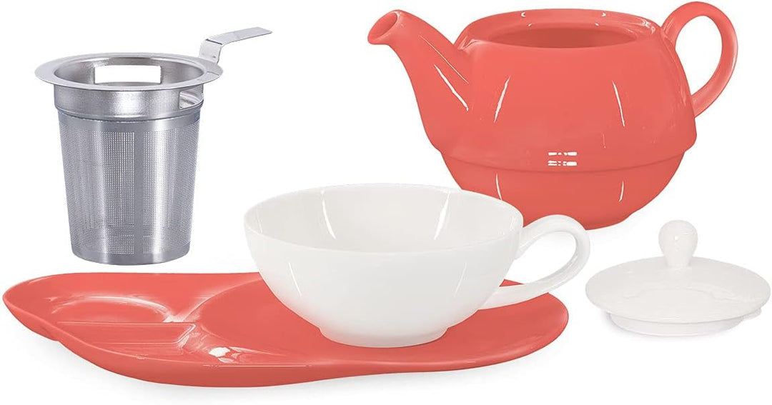 Buchensee Tea for One mit Sieb Lena 500ml aus Crystal Bone China Porzellan in coralrot. Teekanne + T