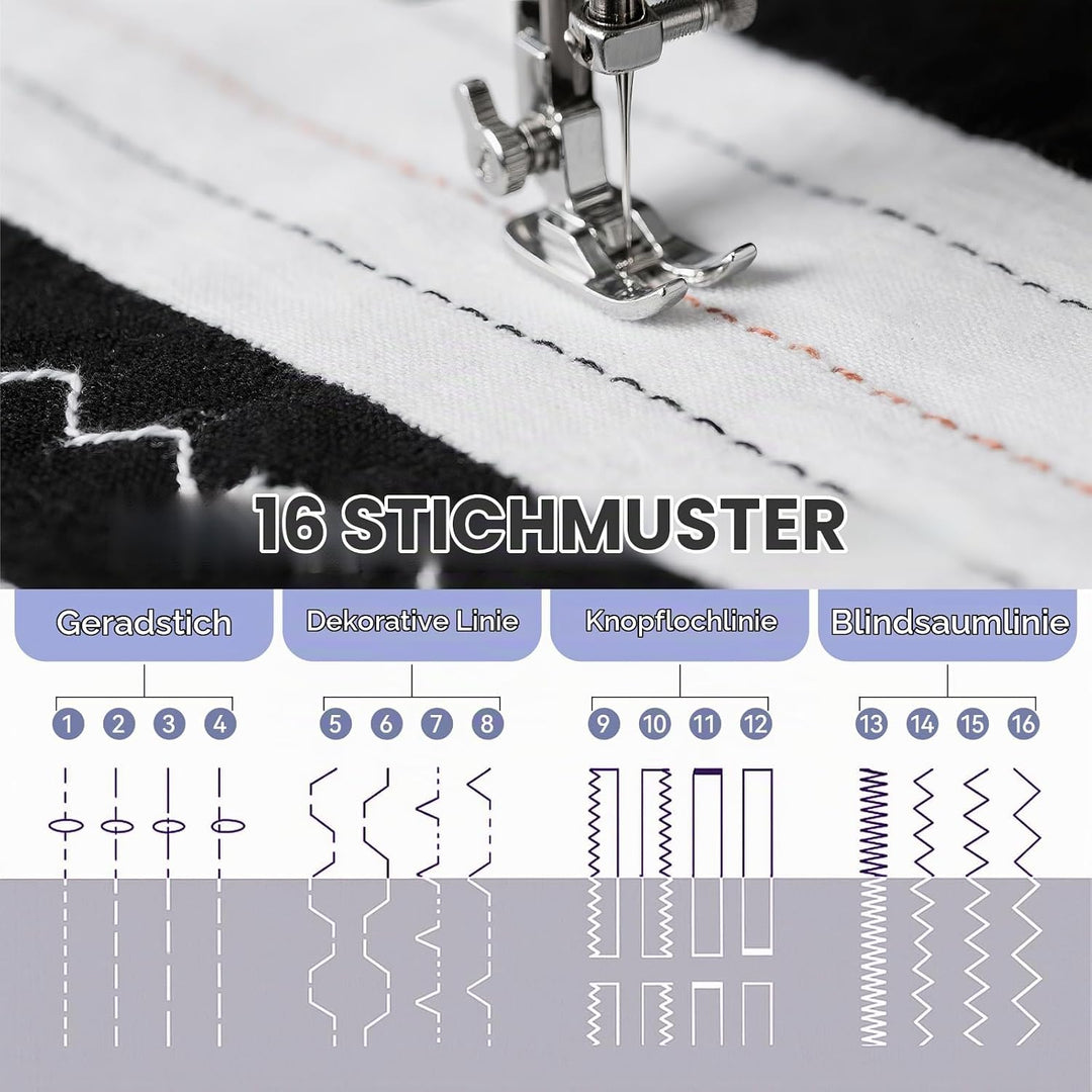 Nähmaschine für Anfänger und Kinder, Qoosea 16 Stichmuster Overlock Nähmaschine Einfach zu Bedienen,