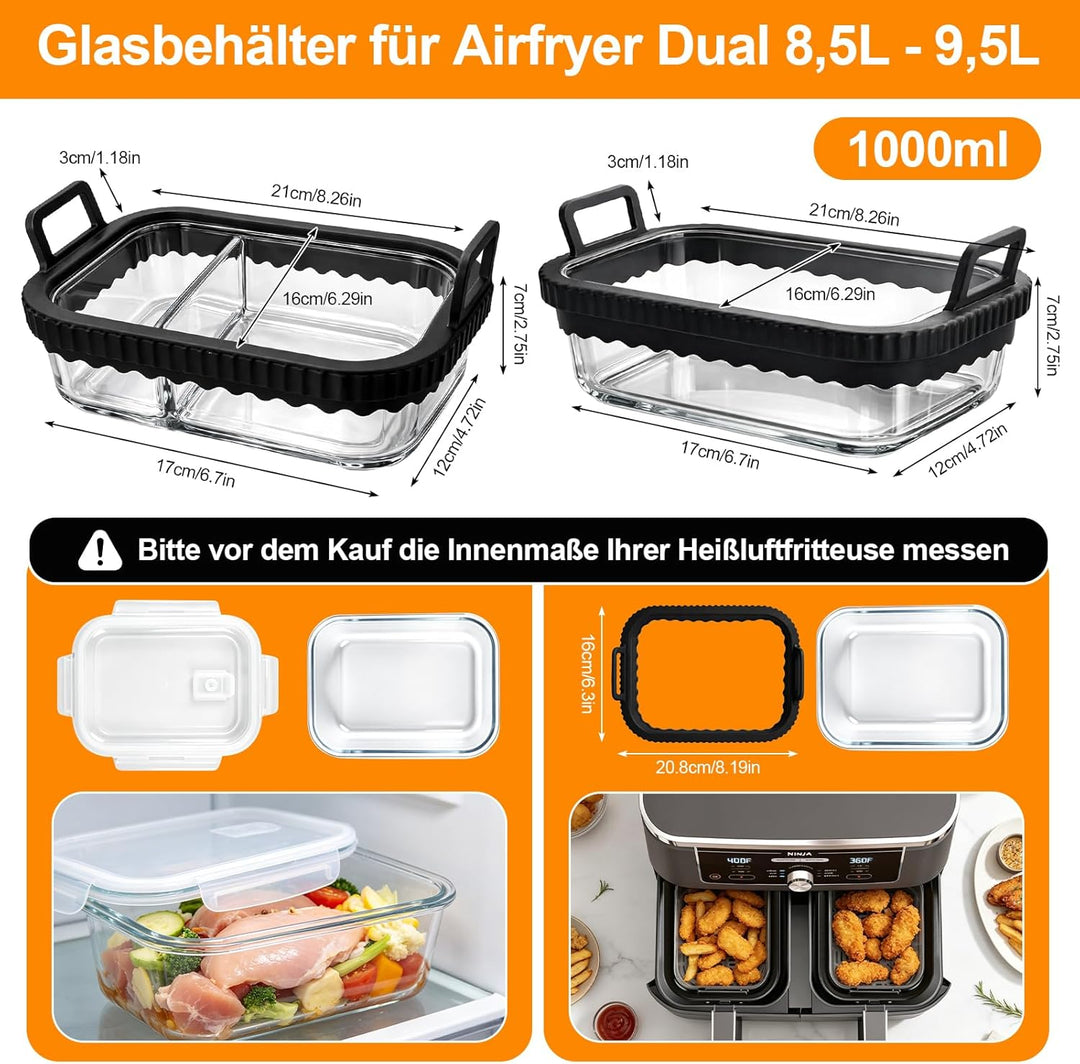 2 Stück Auflaufform Airfryer für Ninja & Cosori 2 Kammern Glasform mit Deckel & Abnehmbaren Griffen