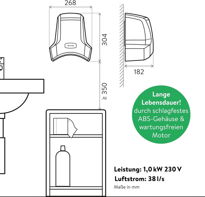 CLAGE WHT Warmlufthändetrockner – Hygienischer & energieeffizienter Händetrockner mit Warmluft – Lei