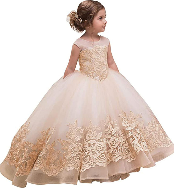 PLWEDDING Spitze Lange Ärmel Blumenmädchen Kleid Prinzessin Tüll Kleid für Kinder Erstkommunion Klei