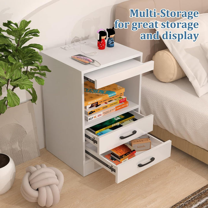 PIPIPOXER 2er Set Nachttisch mit Steckdose & USB, Nachttisch Weiss Nachtschrank Hochglanz Nachtkommo
