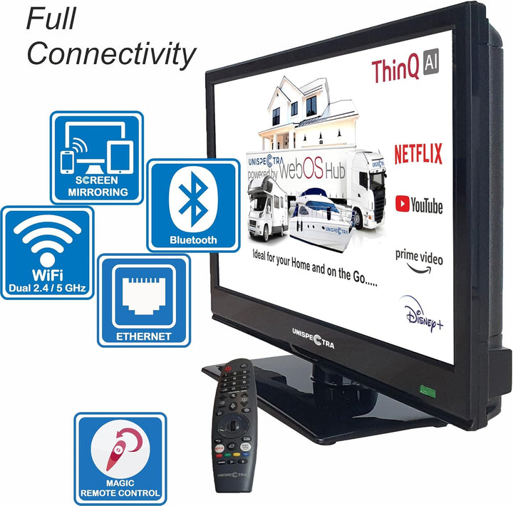 Unispectra® 16“ Smart TV (webOS) Full HD 230V 24V Triple Tuner: Sat, Antenne, Kabel TV, 3xHDMI, 2xUS