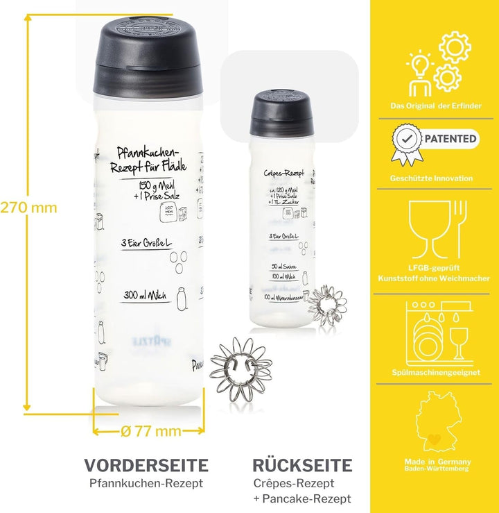 Pfannkuchen-Shaker (ANTHRAZIT) für 4 Portionen (875ml) Pfannkuchenteig mit Rezeptaufdruck für Pfannk