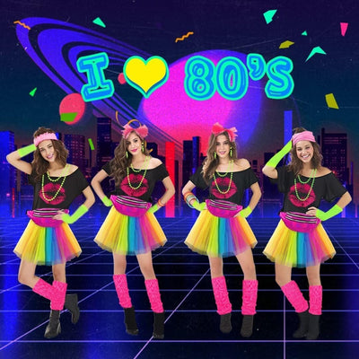 80er Jahre Outfit Damen Set, T-Shirt, Tutu, Gürteltasche, Stirnband, Ohrring, Halskette, Netzhandsch